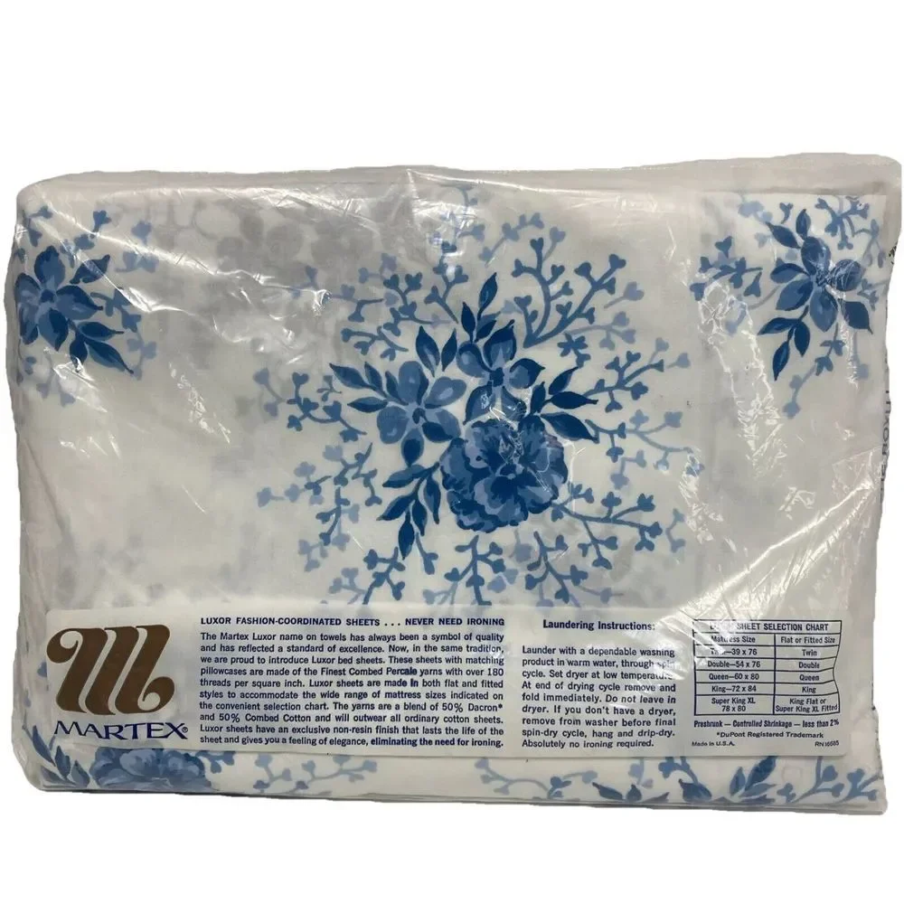 Martex Blue White Floral Twin Fitted‎ Sheet Only Percale USA Westpoint Pepperell